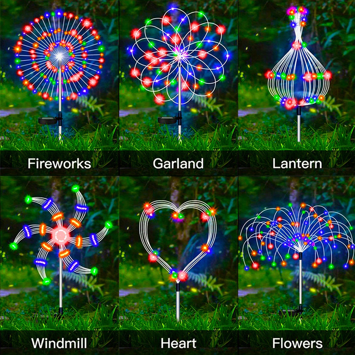 A collection of illuminated lawn decorations including fireworks, garland, lantern, windmill, heart, and flowers.