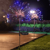 A tall metal stand holds a solar firework light display with bright blue and red sparks illuminating a dark outdoor garden.