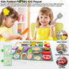 A young girl plays with a wooden BBQ grill playset featuring food matching cards and tools for kids.