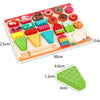 A wooden BBQ playset featuring various food items for a matching game, arranged on a light wooden board.