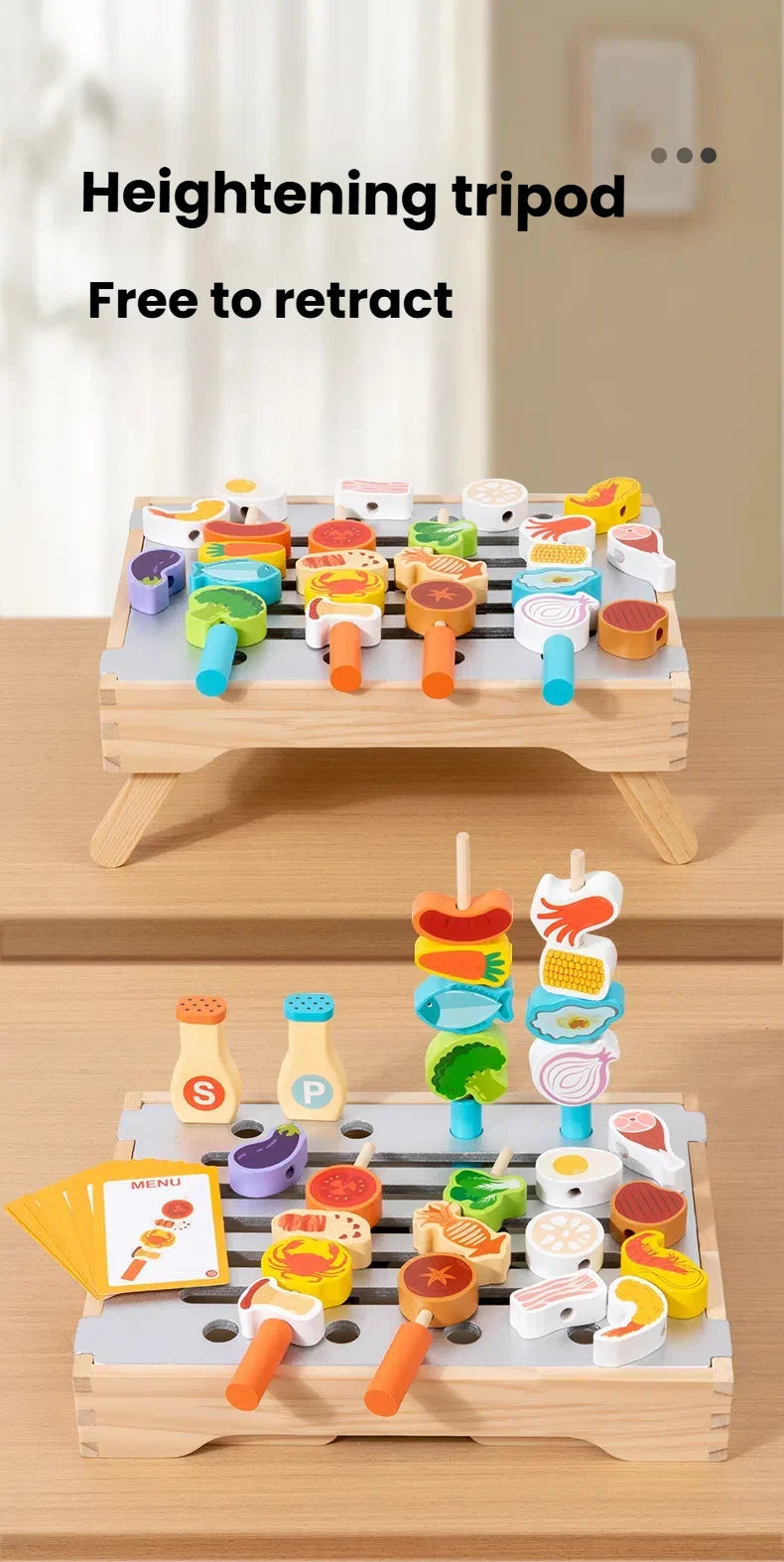 A wooden BBQ tripod playset for kids featuring various food items and accessories.
