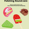 A wooden BBQ playset featuring a watermelon slice, used for round, smooth, and burr-free play.