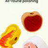 A wooden BBQ playset featuring food items like a shrimp and a sliced apple for a grain polishing game.