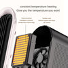 Close-up view of a black space heater with an orange heating element and a visible turbine rotor inside.