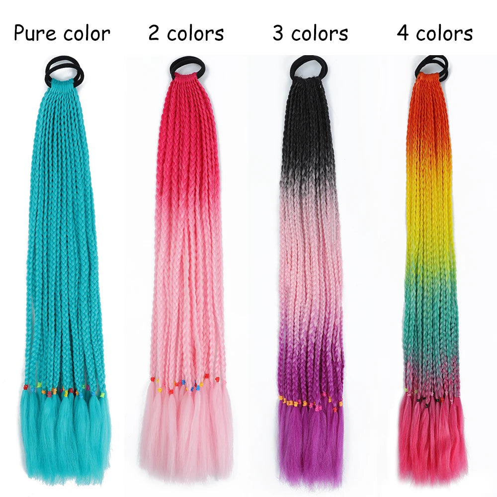 A set of four gradient pre-braided ponytail extensions in various colors including blue, pink, black, and orange.