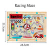 A wooden racing maze board for toddlers featuring various colored magnetic pieces and characters.
