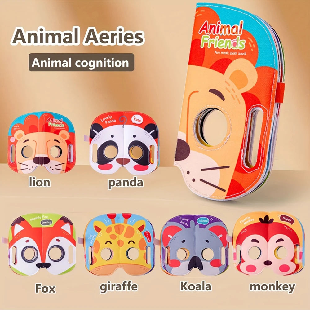 A set of soft fabric animal masks for children including lion, panda, fox, giraffe, koala, and monkey.