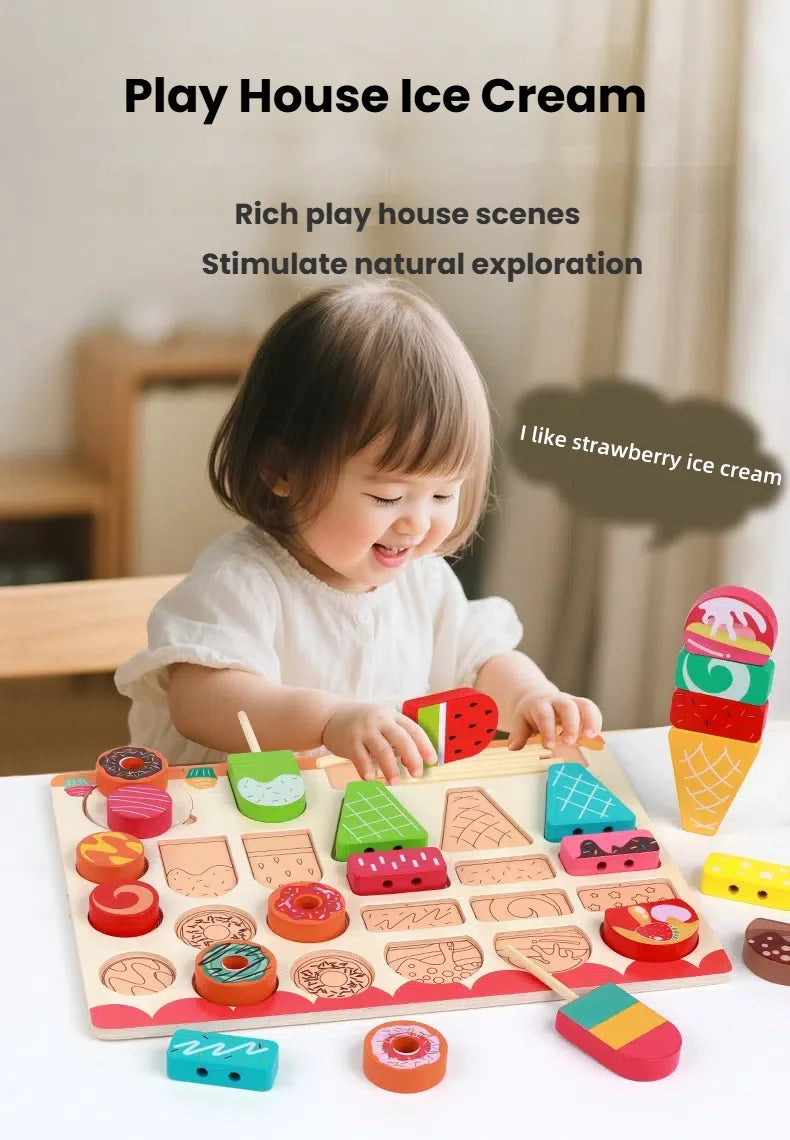 A child plays with a wooden ice cream set featuring various fruit and flavor shapes for a matching game.