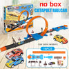 A no box catapult railcar toy set featuring a blue track, orange launch mechanism, and various car models.