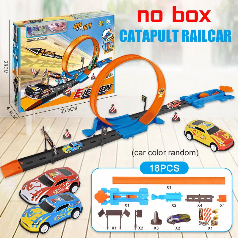 A no box catapult railcar toy set featuring a blue track, orange launch mechanism, and various car models.