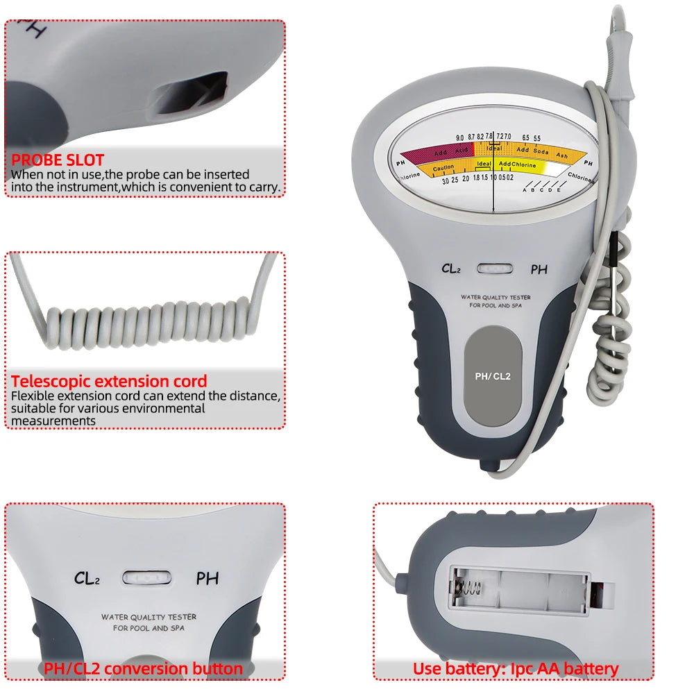 A digital pH and chlorine tester device with a probe slot, a telescoping extension cord, and a conversion button for AA batte