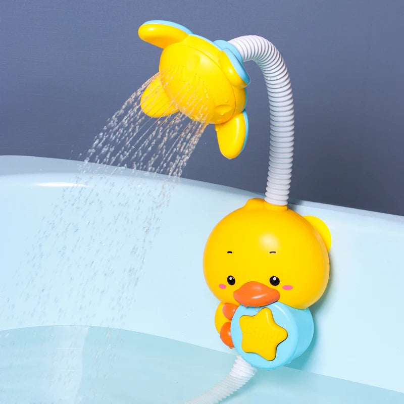 A yellow duck bath toy set with a water slide pouring water into a blue bathtub.