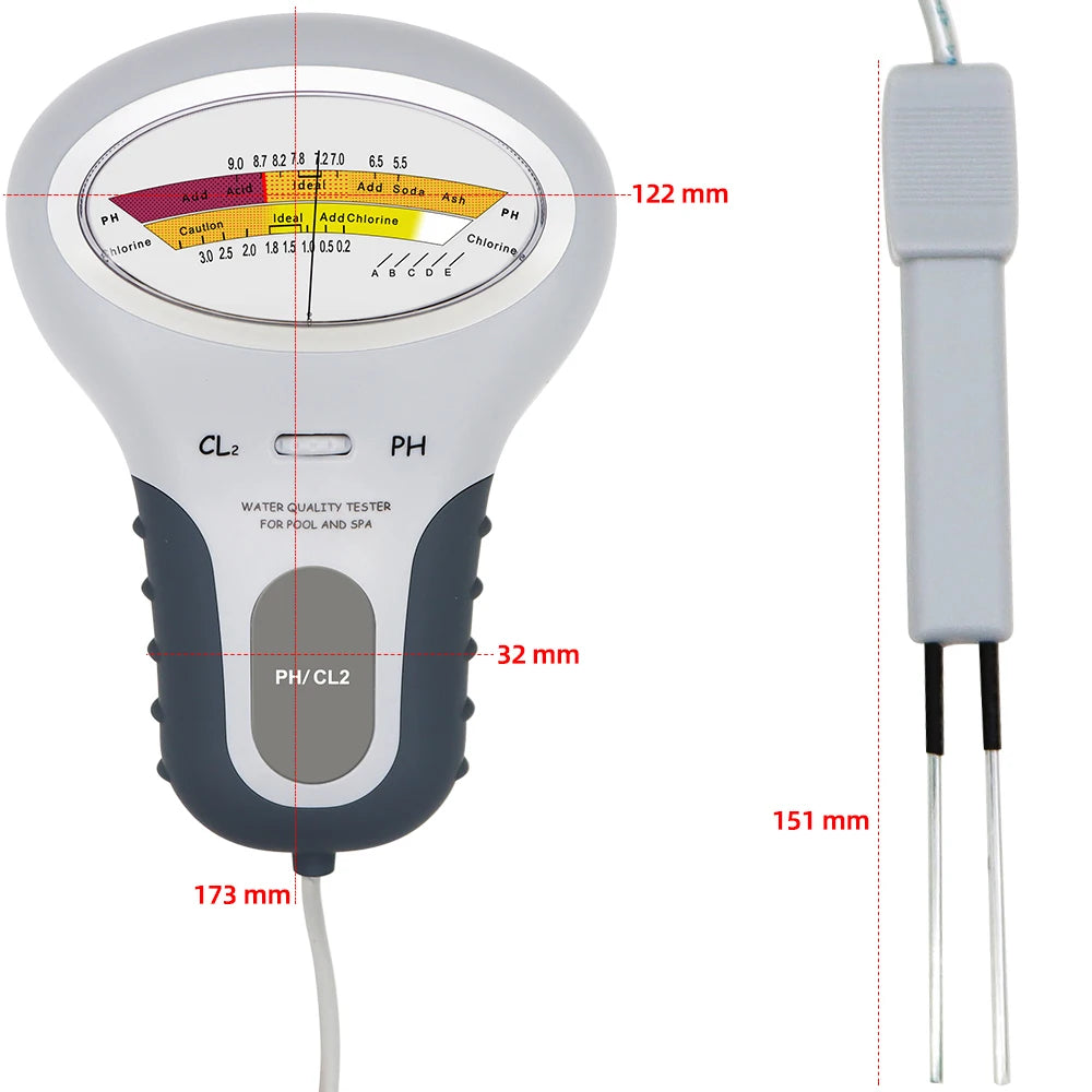 A white digital pH and chlorine tester device with a probe, showing measurement scales for pH and chlorine levels.