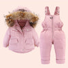 Pink baby winter down jacket and pants set with a faux fur hood