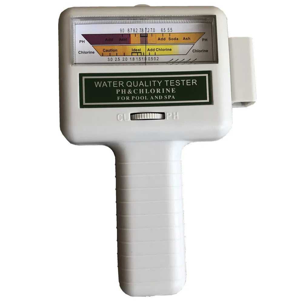 A white digital water quality tester for pH and chlorine, featuring a scale for ideal levels.