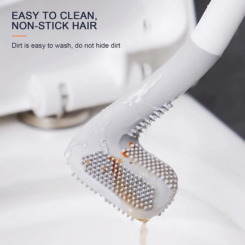Close-up of a white golf-style silicone toilet brush with a self-opening holder showing cleaning bristles.