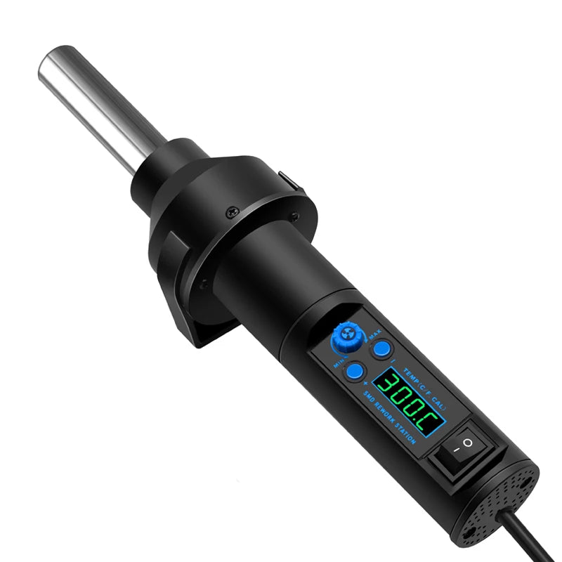 A black digital hot air rework station with a silver probe and an LCD display showing 300.0 C