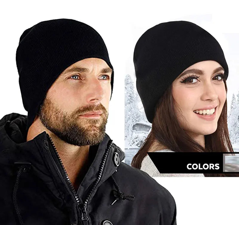 A man and a woman wearing black knitted winter beanie hats.