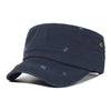 Dark navy flat cap with distressed texture and brass buckle