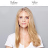 Before and after comparison of invisible seamless clip-in hair pads for volume and coverage on a blonde woman's hair