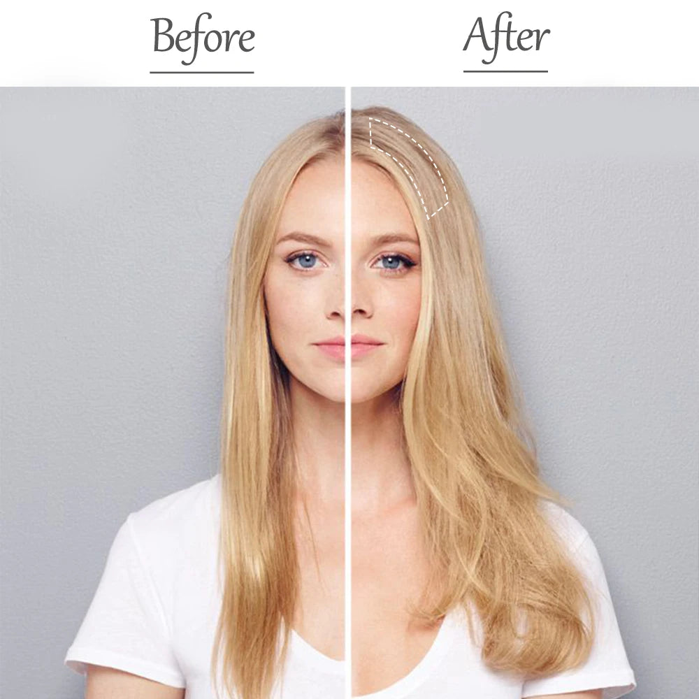 Before and after comparison of invisible seamless clip-in hair pads for volume and coverage on a blonde woman's hair