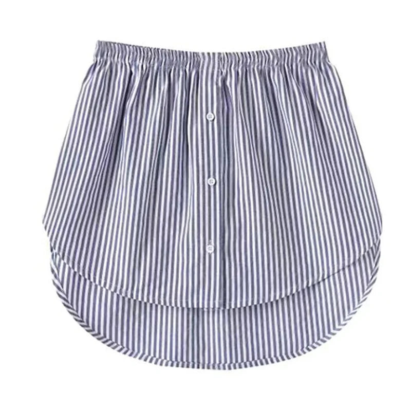 A striped blue and white shirt extender with an elastic waistband.