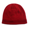 A close-up view of a solid red knitted winter beanie hat.