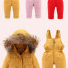 A set of baby winter down jacket and pants in yellow, pink, and red colors with faux fur hoods.