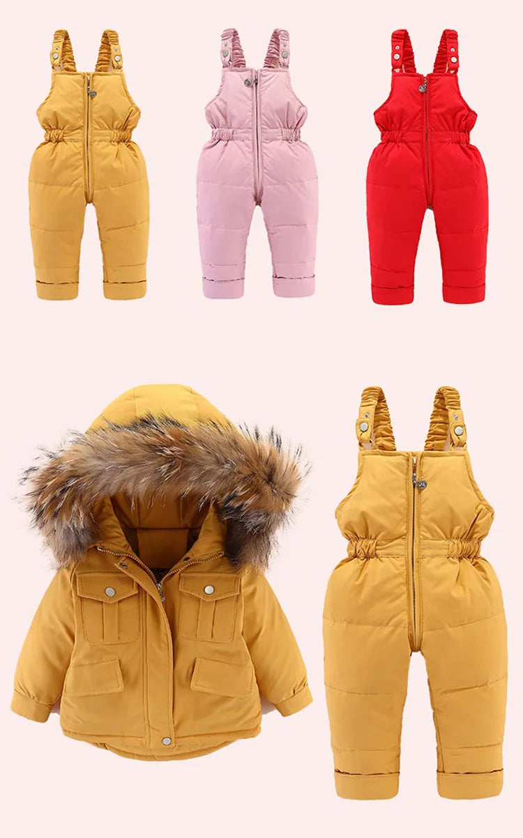 A set of baby winter down jacket and pants in yellow, pink, and red colors with faux fur hoods.