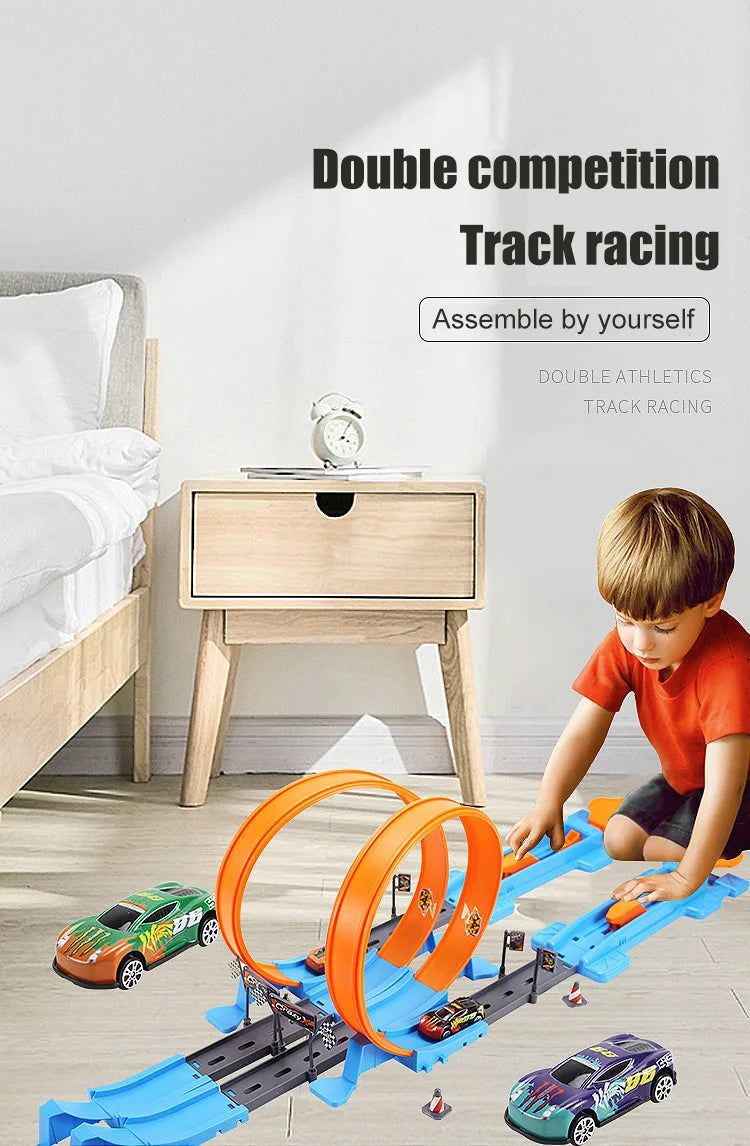 A child is assembling a blue and orange track racing set for double competition track racing.