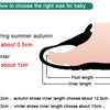 Tips for choosing the right shoe size for a baby, showing measurements for spring/summer and winter shoes.