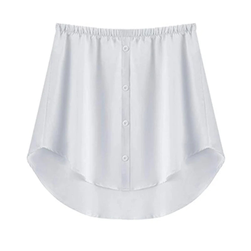 White adjustable shirt extender with an elastic waistband