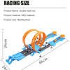 A blue and orange double track car racing set with launchers and track components shown from above.