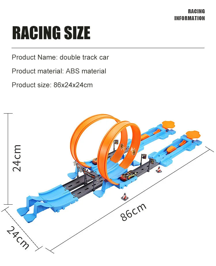 A blue and orange double track car racing set with launchers and track components shown from above.