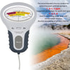 A white digital pH and chlorine tester device with a probe, shown next to a body of water.