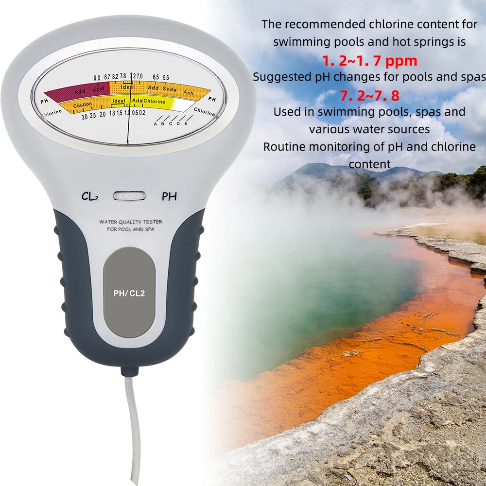 A white digital pH and chlorine tester device with a probe, shown next to a body of water.