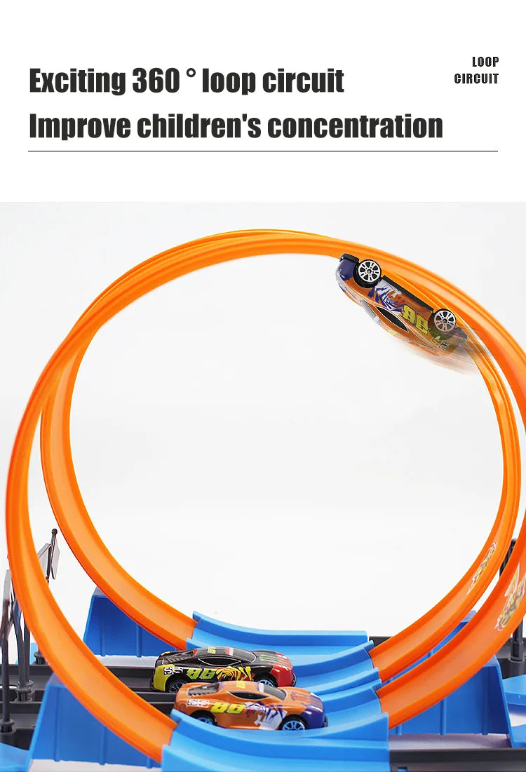 An orange loop circuit for a stunt car racing track set with launchers.