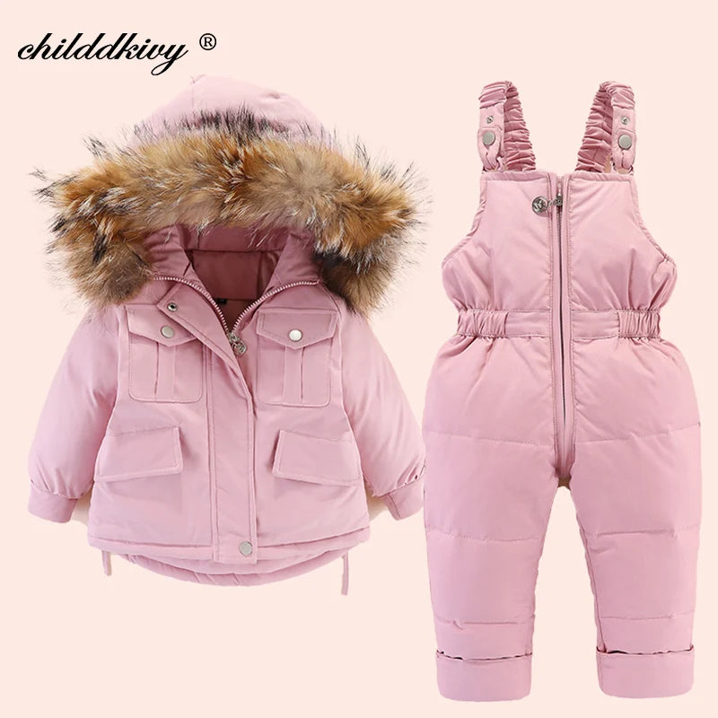 Pink baby winter down jacket and pants set with a faux fur hood