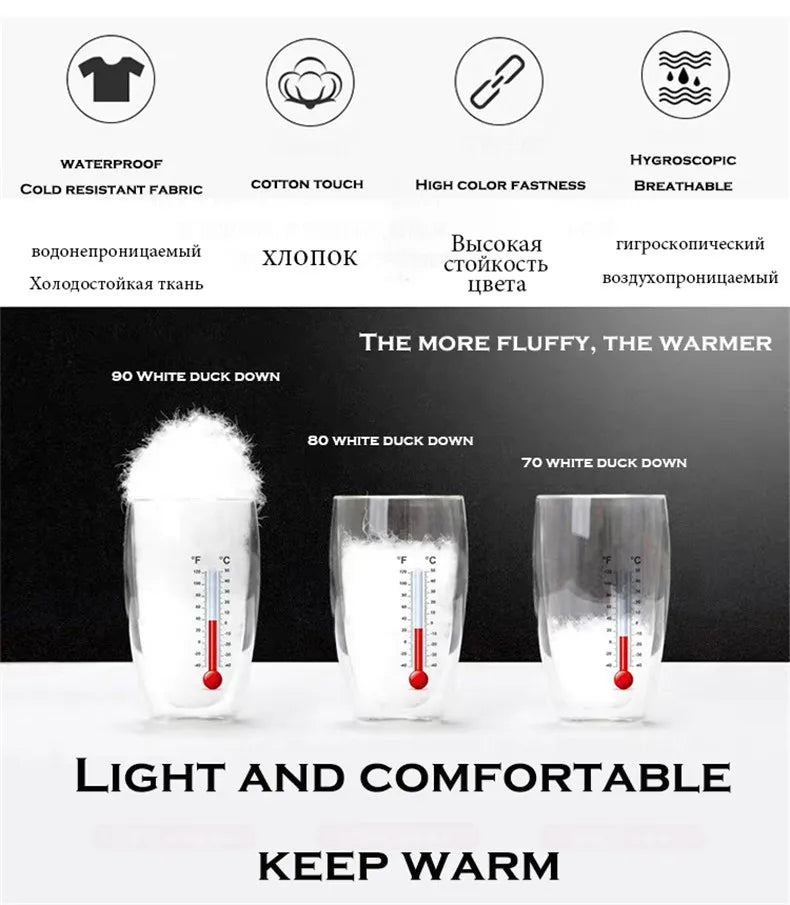 Three glass-like items showing different weights of white duck down for keeping warm
