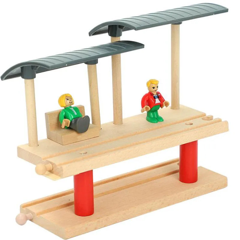Wooden train station accessories set featuring an airport and gas station display.