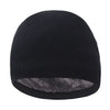 Black knitted winter beanie hat shown from the front