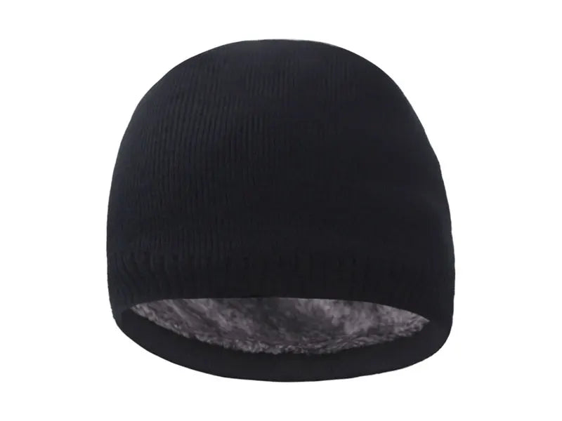 Black knitted winter beanie hat shown from the front