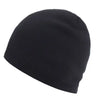 Black cozy knitted winter beanie hat shown from the side.