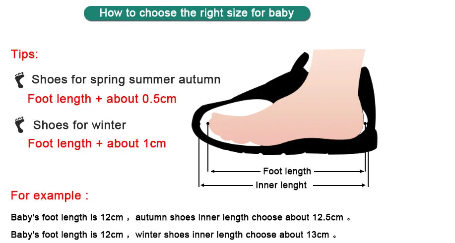 Tips for choosing the right shoe size for a baby, showing measurements for spring/summer and winter shoes.