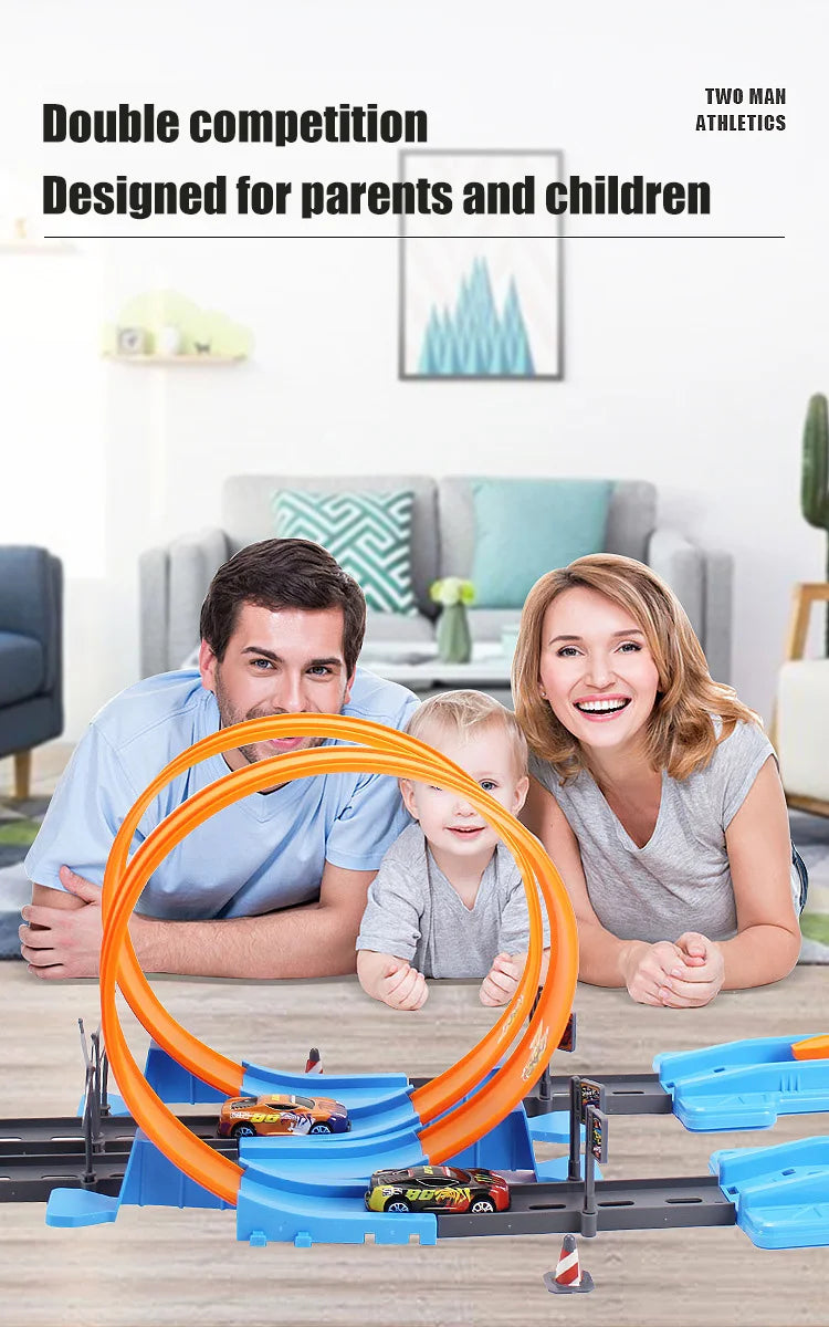 A family is shown playing with an orange and blue DIY stunt car racing track set and launchers on a wooden table.