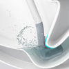 A golf-style silicone toilet brush with a self-opening holder is shown cleaning inside a white toilet bowl.