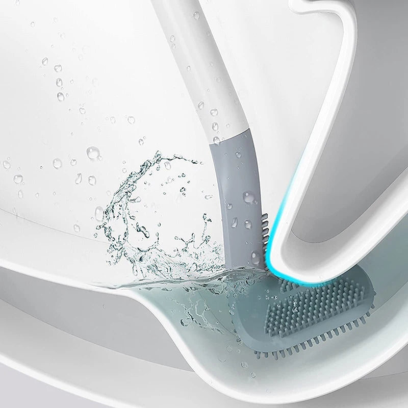 A golf-style silicone toilet brush with a self-opening holder is shown cleaning inside a white toilet bowl.