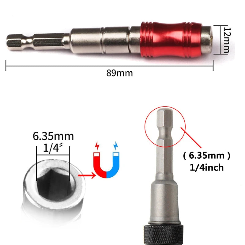 Magnetisk sekskantet skrutrekkerbitsett med hurtigskifteholder og 12 mm langt rødt og sølvverktøy.
