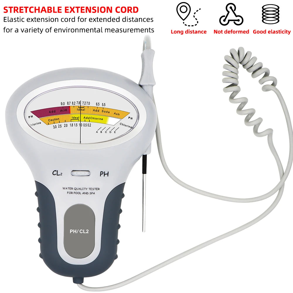 A white digital pH and chlorine tester with a stretchable extension cord is shown.
