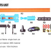Parts list for a single track car racing set including orange track, blue components, and various pieces for assembly.